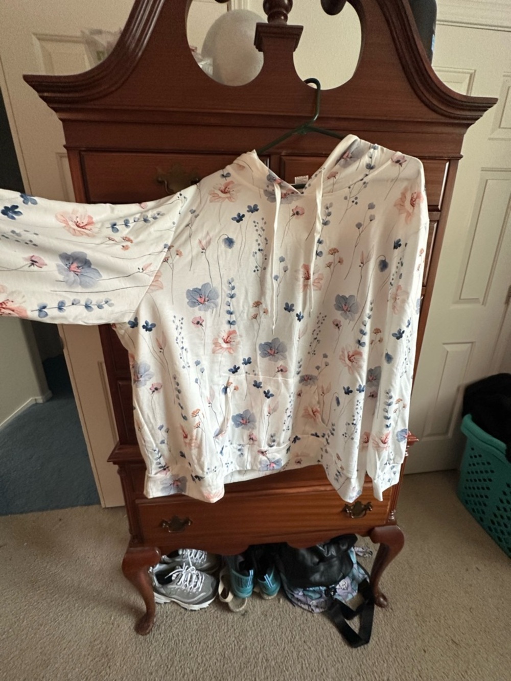 Floral Print Lightweight Hoodie - White with Blue & Pink Flowers